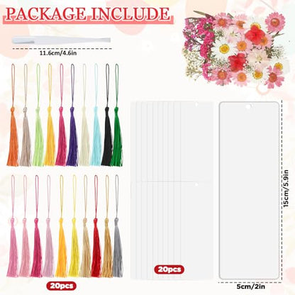 20 Sets Dried Flower Bookmark Making Kit Transparent Bookmark DIY Projects Craft Gift Bulk PET Sticker with Color Tassels and tweezer for Classroom Activities Reading Award and Book Lovers（Summer） - style: Summer