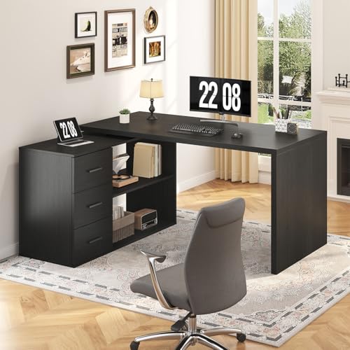 HSH 55-76 Inch Black Morden L Shaped Desk, Corner Desk with Storage Drawers - color: Black