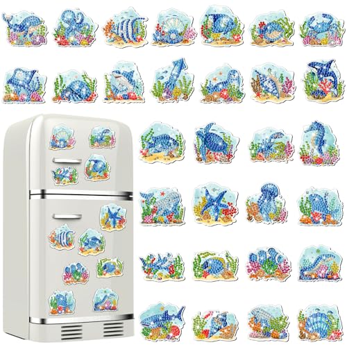 Xuhal 30 Pcs Ocean Animal Diamond Painting Magnet Diamond Art Kit for Adult - color: Ocean
