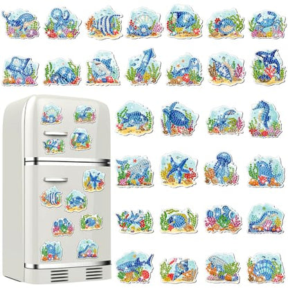 Xuhal 30 Pcs Ocean Animal Diamond Painting Magnet Diamond Art Kit for Adult - color: Ocean