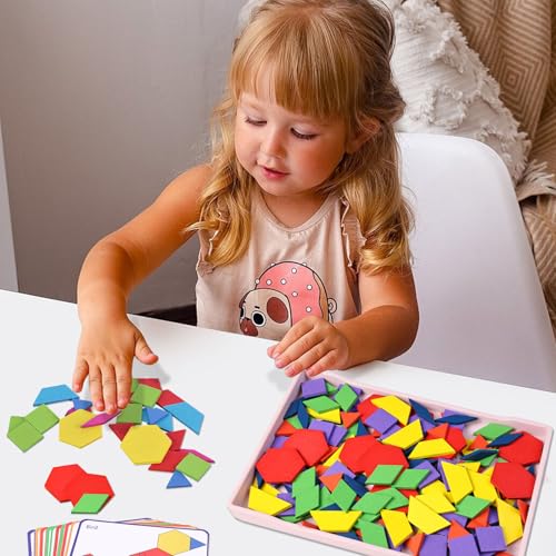 3 otters Wooden Pattern Blocks Shapes for Kids, Geometric Tangram Puzzle with Activity Cards, 150 PCS Educational Toy (Pack of 2) - size: Medium (Pack of 2)