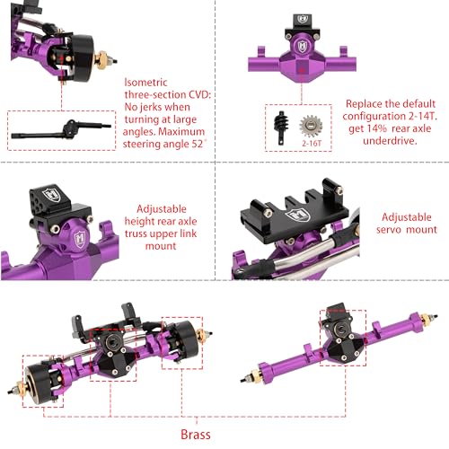 MEUS Racing Isokinetic 3-Section CVD Front and Rear Axles Maximum Steering Angle 52° Wider +5MM for Axial SCX24 Deadbolt C10 JLU Gladiator Bronco 1/24 RC Crawler Upgrade Parts (Anodized Purple) - color: Purple