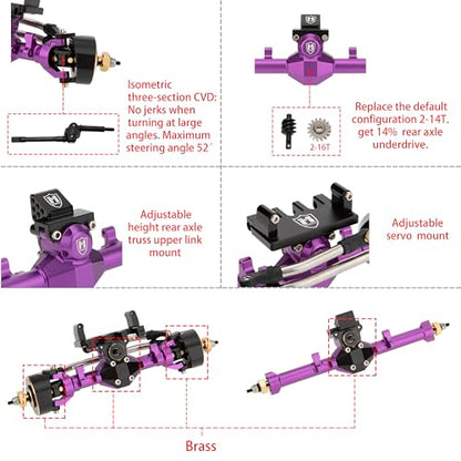 MEUS Racing Isokinetic 3-Section CVD Front and Rear Axles Maximum Steering Angle 52° Wider +5MM for Axial SCX24 Deadbolt C10 JLU Gladiator Bronco 1/24 RC Crawler Upgrade Parts (Anodized Purple) - color: Purple