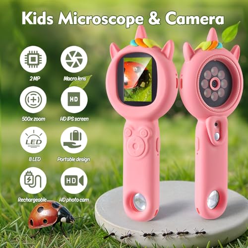 Kids Microscope, 500X Handheld Microscope for Kids, Pink - color: Pink