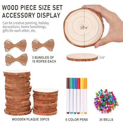 Max Fun Natural Wood Slices 30PCS 3.5-4'' Crafts DIY Wooden Christmas Ornaments Unfinished Predrilled Round Wood Circles for Arts and Crafts Centerpieces Holiday Hanging Decorations - size: 3.5"-4"