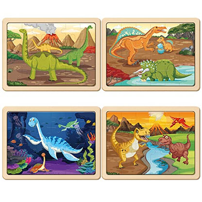 SYNARRY Large Dinosaur Wooden Puzzles for Kids Ages 4-6, 4-in-1 Gift Set - style: Dinosaur