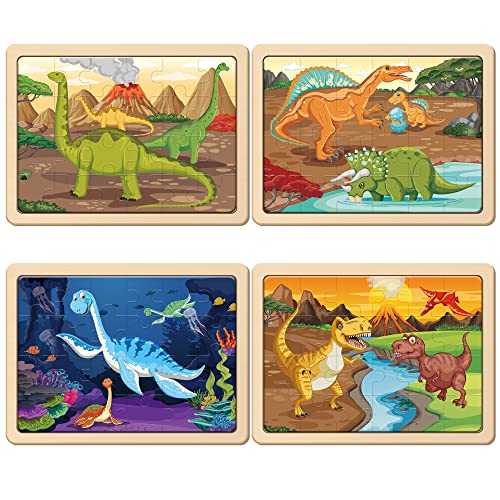 SYNARRY Large Dinosaur Wooden Puzzles for Kids Ages 4-6, 4-in-1 Gift Set - style: Dinosaur
