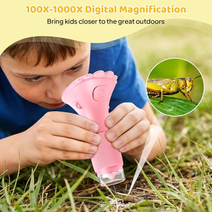 Kids Magnifying Glass, 2.0 Inch Digital Screen Mini Pocket Microscope for Bug - 200x Zoom Handheld Microscope with Adjustable Lights, Edu Birthday Gifts for Age 3-12 Girls - color: Pink