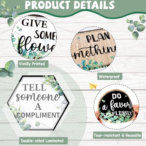 QOUBAI Greenery Random Acts of Kindness Bulletin Board Set Eucalyptus Classroom Bulletin Board Decorations Kindness Challenge Cutouts Classroom Decorations for Back to School Office Chalkboard Decor - style: Greenery