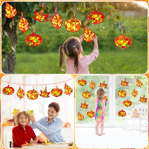 Qyeahkj 36 Set Fall Suncatchers Crafts for DIY Autumn Window Tissue Paper Crafts Kit Maple Leaves Pumpkin Hanging Decor for Thanksgiving Home Activity Art Project Birthday Party Favor Gift - style: Maple Leaves Pumpkin