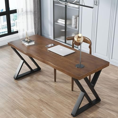 Sihtengxxhongs Solid Wood Desk 55 Inch, Rustic Home Office Computer Desk with Heavy Duty Metal Legs, Large Executive Writing Study Desk, Real Wood Workstation for Home, Office, Dining Room - size: FS-55