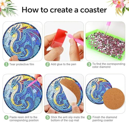 Diamond Art Coasters Kit, 8 Pieces Dragon Diamond Painting Coasters Kit - color: Dragon