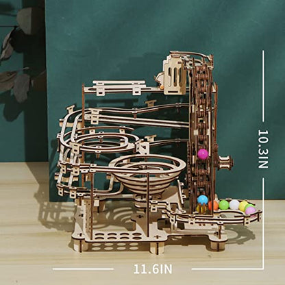 Wooden Marble Run Kit - 3D Puzzle Wood Colored Balls Run Stepped Hoist with 3-Stepped Lift Mechanism - Kinetic DIY Marble Run Wooden Puzzle