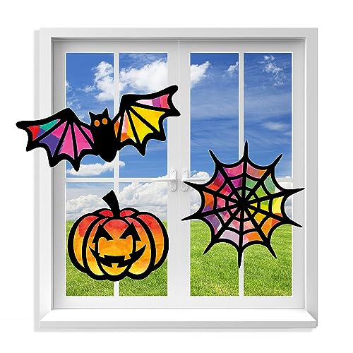 VHALE Suncatchers Craft 3 Sets (9 Cutouts) w Tissue Papers Stained Glass Effect Paper Sun Catcher Kit, Window Art, Classroom Crafts, Creative Art Projects, Kids Party Favors (Halloween) - style: Halloween