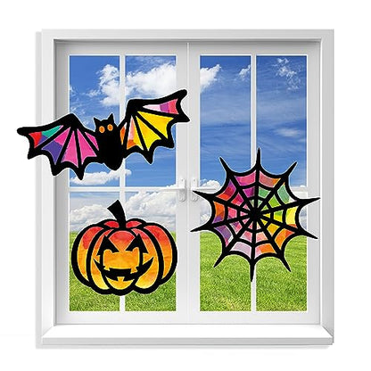VHALE Suncatchers Craft 3 Sets (9 Cutouts) w Tissue Papers Stained Glass Effect Paper Sun Catcher Kit, Window Art, Classroom Crafts, Creative Art Projects, Kids Party Favors (Halloween) - style: Halloween