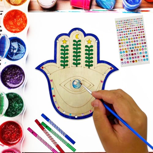 JEKEJIAJIU 24 Sets Hamsa Hand Wind Chime Kit for Kids Make You Own Hamsa Hand Craft DIY Coloring Wooden Hamsa Hand Art and Craft for Kids Gifts School Home and Party Supplies