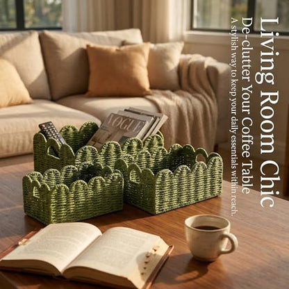 Scalloped Wicker Basket Set of 3, Hand-Woven Storage with Handles - color: Greem