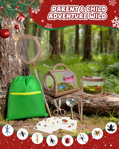 Bug Catcher Kit for Kids Outdoor Explorer Kit with Insect Cage, Observation Box, Magnifying Glass, 8 Toy Bugs, Net & 10 Cards, STEM Educational Toys Gifting for Boys & Girls Ages 3+