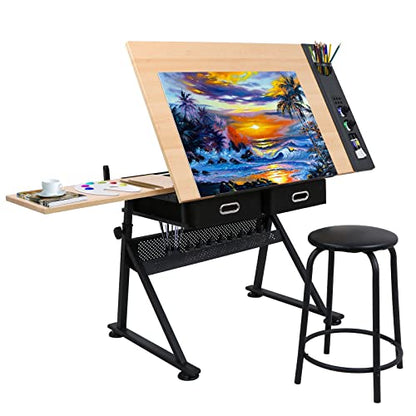 ZENY Drafting Table Art Desk Drawing Table Height Adjustable Artist Table with Tilted Tabletop, Drafting Stool and Storage Drawer for Reading, Writing, Crafting, Painting Art - color: Brown
