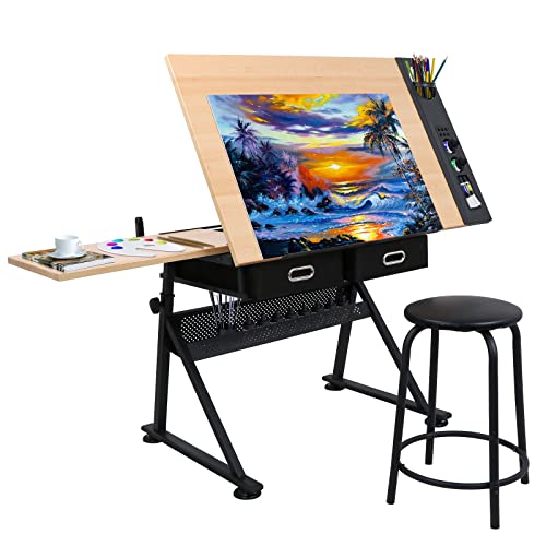 ZENY Drafting Table Art Desk Drawing Table Height Adjustable Artist Table with Tilted Tabletop, Drafting Stool and Storage Drawer for Reading, Writing, Crafting, Painting Art - color: Brown