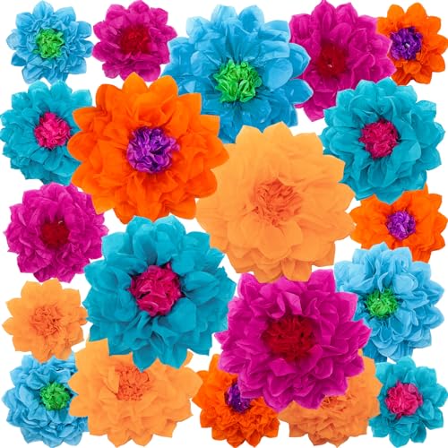 Gejoy 20 Pcs Tissue Paper Flowers for Wall, 3D Pom Poms, Mexican - color: Bright Color