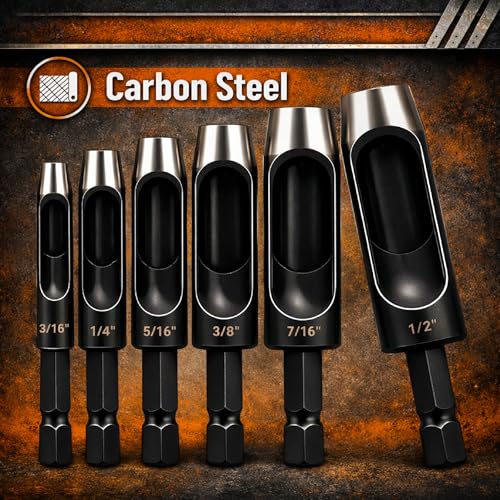 UNCO- Leather Hole Punch Drill Bit Set, 6 pcs, 3/16" 1/4" 5/16" 3/8" 7/16" 1/2", Carbon Steel, Hex Shank Leather Punch Tool Bits for Power Drill, Belt, Strap, Fabric & DIY Craft Work