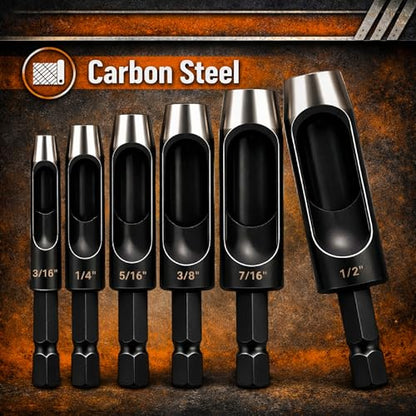 UNCO- Leather Hole Punch Drill Bit Set, 6 pcs, 3/16" 1/4" 5/16" 3/8" 7/16" 1/2", Carbon Steel, Hex Shank Leather Punch Tool Bits for Power Drill, Belt, Strap, Fabric & DIY Craft Work