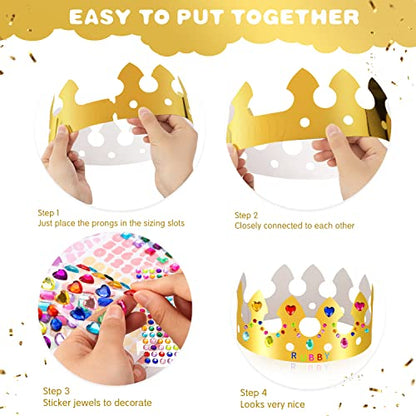 Gold Paper Crowns, Diy Birthday King Crowns Craft to Decorate, Paper Prince Princess Crown Hats for School Classroom - style: 28 (15 Crowns+13 Sticker Gems)
