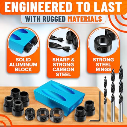 14 Pcs Pocket Hole Jig Kit, 15° Angle Drill Guide, Aluminum