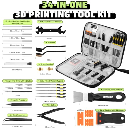 3D Printer Tools Kit, 34pcs 3D Printer Accessories for All FDM/SLA Printers Includes Nozzle Cleaning, Removal Scrapers, Finishing Tools, 5 Types of Files,Brushes, Wire Cutter, Engraving Knife - style: All-purpose Kit