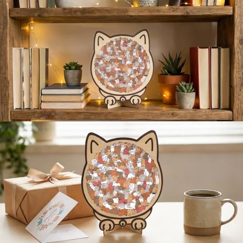 135 Pcs Cat Shaped Wooden Jigsaw Puzzle with Frame & Acrylic Cover, Morandi Color Animal Puzzle for Adults, Cute Cat Lover Gifts for Home Decor & Mindful Relaxation - color: Morandi Cat01