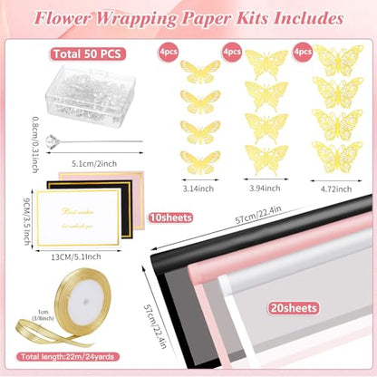 woric 93 Pcs Floral Bouquet Wrapping Paper Kits - color: Pink White Black