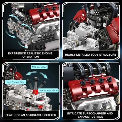 Mould King 10227 V8 Engine Model Kit, 787+Pcs Mini V8 Engine Kits that Runs, Build Your Own Car Model Engine with Gearshift & Motor, Building Blocks for Adults, DIY Construction Engineering Toy - style: 10227 V8 Engine