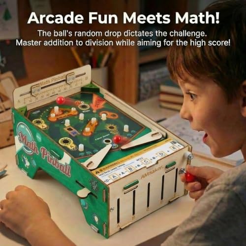 Wooden Pinball Machine & Educational Math Games for Kids Ages 8-12
