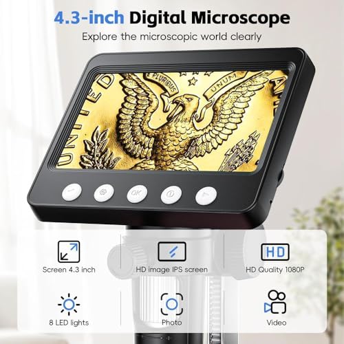 4.3" Digital Microscope for Adults, SKYEAR Coin Microscope 1000X Magnification with 8 Ajustable LED Fill Lights, USB Microscope for Windows/MacOS, Coin Collection Supplies-Black - color: Black
