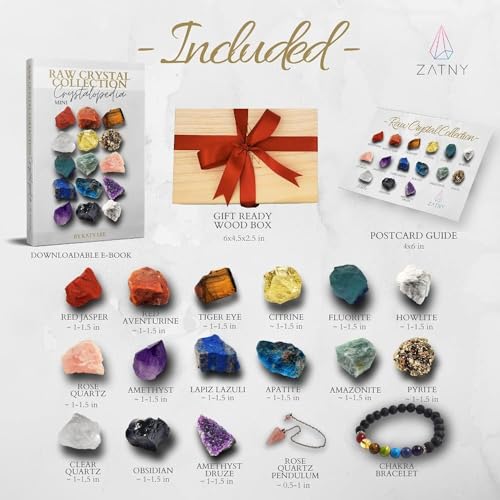 Crystals and Healing Stones Premium Kit Wooden Box - Chakra Stones Healing Crystals Set, Rose Quartz, Amethyst Cluster, Quartz Points, Chakra Pendulum (Raw Crystal Collection) - color: Raw Crystal Collection