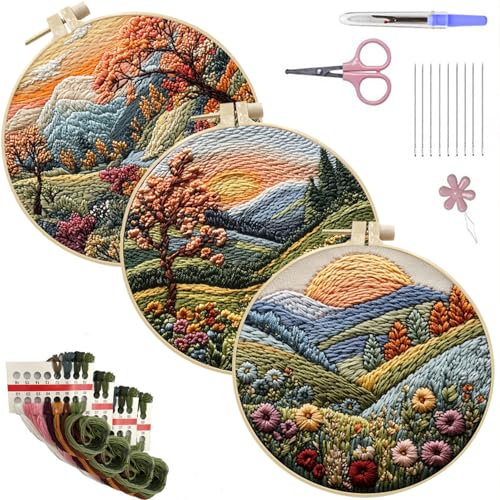 SCECALA 3 Pack Mountain Tree Landscape Embroidery Kit - color: Orange