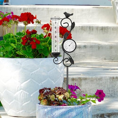 36in Black Bird Rain Gauge Thermometer Metal Garden Stake Decor - color: Black Bird