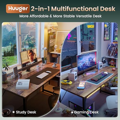 Huuger Computer Desk, 55 Inch Home Office Desk, Gaming Writing Work from Home Study Desk, Large Legroom, Sturdy Metal Frame, Modern Simple, Rustic Brown - color: Rustic Brown, size: 54inch
