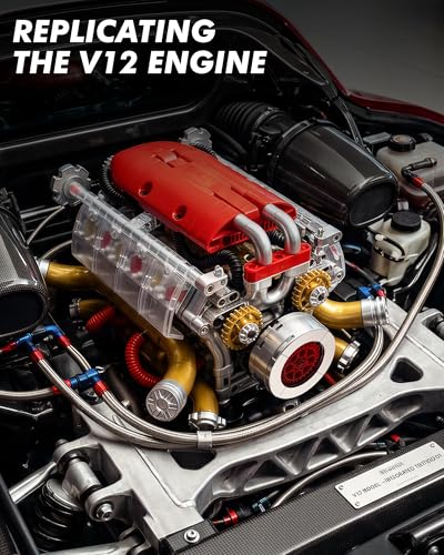 JSINMA V12 Engine Model Kit that Runs, Motorized Mechanical Building Set for Adults with Visible Moving Pistons, Transparent Side Cover, Desk Display Gift for Car Lovers, 620 Pieces