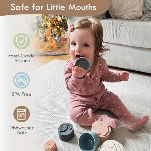 Moonkie Stacking Cups Toy, Fun Educational Baby Toys Silicone Soft Teething Toy, Age 6+ Months, 7 Piece Set - color: Fine Day
