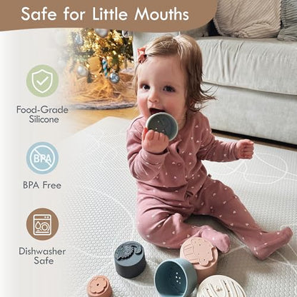 Moonkie Stacking Cups Toy, Fun Educational Baby Toys Silicone Soft Teething Toy, Age 6+ Months, 7 Piece Set - color: Fine Day