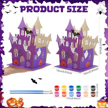 DoubleFill 12 Set Halloween Wooden Castle House Craft Kits with Paints