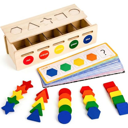 LovesTown 3-in-1 Wooden Shape Color Sorter Box with Logic Cards