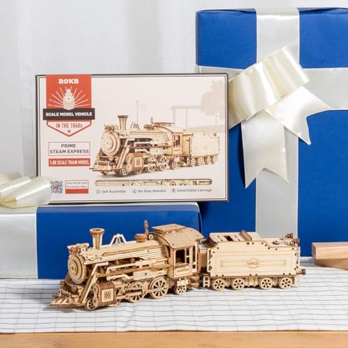 ROKR 3D Wooden Puzzle for Adults Mechanical Car Model-DIY Building Vehicle Kits-Brain Teaser Toys-Gift for Men Women on Birthday/Christmas Day (Steam Train Model with Carriage)