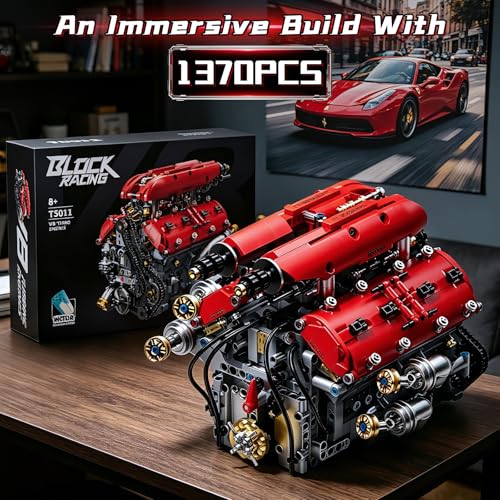 OWNONE 1 V8 Engine Model Kit that Runs, 1370PCS 8-Cylinder Engine Building Blocks Set with Motor, Build Your Own Visible Working Model Car Engineering Block Kit, STEM Toy for Adults Kids Gifts