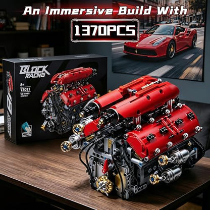 OWNONE 1 V8 Engine Model Kit that Runs, 1370PCS 8-Cylinder Engine Building Blocks Set with Motor, Build Your Own Visible Working Model Car Engineering Block Kit, STEM Toy for Adults Kids Gifts