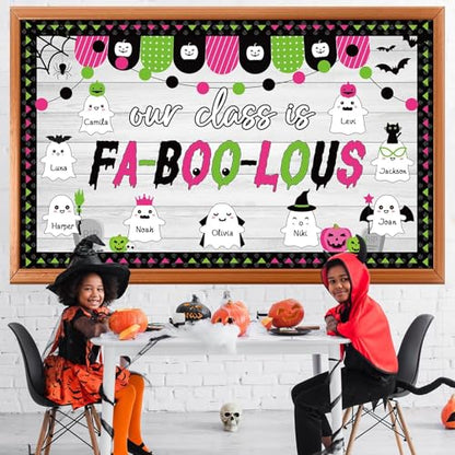 Halloween Ghost Bulletin Board Decoration Witch Bat Pumpkin Spider Web Paper Cutouts Boo Ghost Pattern Classroom Decor Halloween Party Bulletin Board for School Chalkboard Wall Decor Teacher Supplies - style: Cute Ghost