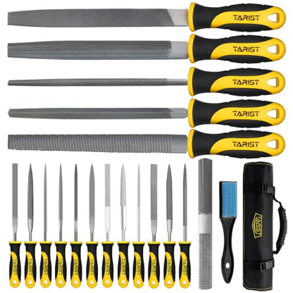 TARIST 19PCS Metal & Rasp File Set with Tool Bag, Includes Flat/Half-Round/Round/Triangle steel file, Half-Round wood file, 4 Way File and 12pcs Needle Files, Work for Metal, Wood and more - style: File Set - 19 pcs