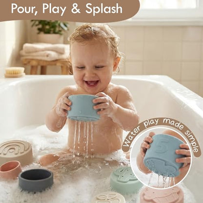 Moonkie Stacking Cups Toy, Fun Educational Baby Toys Silicone Soft Teething Toy, Age 6+ Months, 7 Piece Set - color: Fine Day